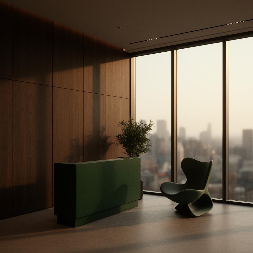 Recepção institucional moderna ao final da tarde