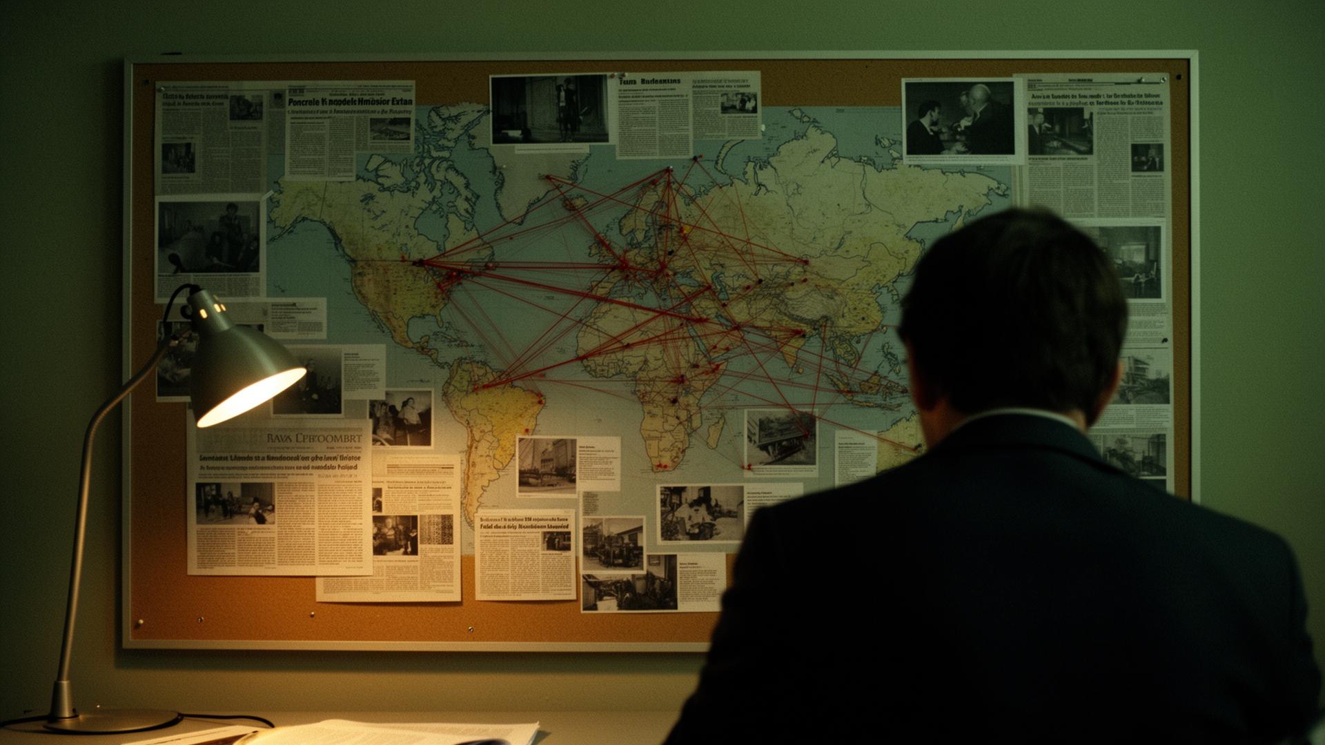 Analista a estudar uma parede com mapas, recortes e ligações entre regiões